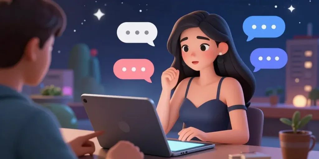 Interactive scene of engaging ai porn chat with animated avatar and user interface.