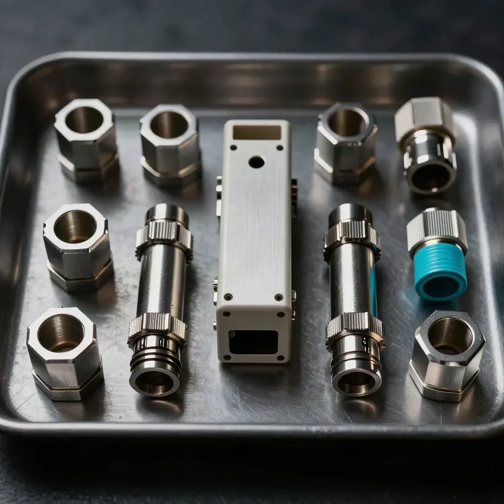 Coupleurs fibre et bloc de jonction alignés sur métal brossé, lumière cyan discrète