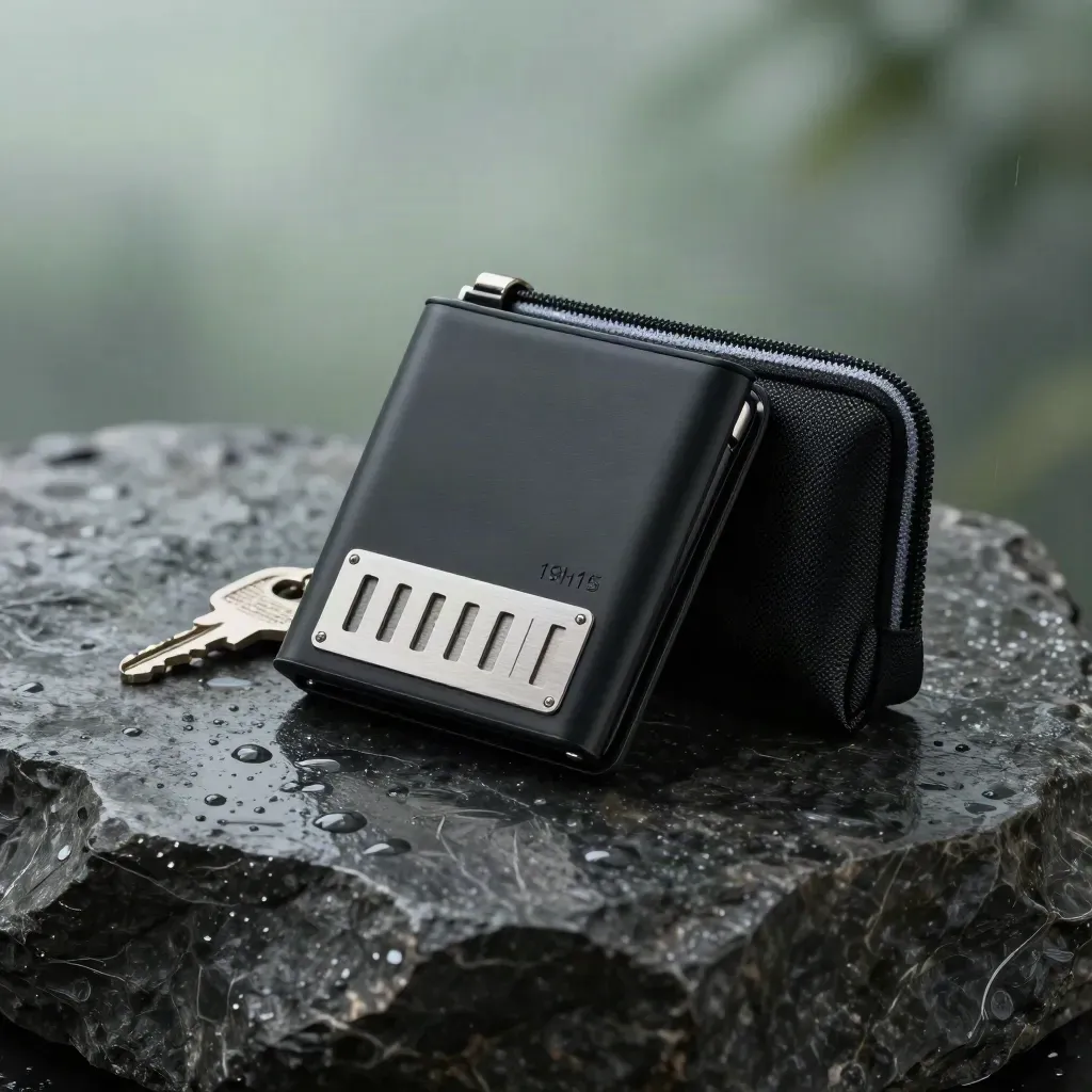 Portefeuille crypto noir mat, plaques en acier et pochette de sécurité sur basalte humide.