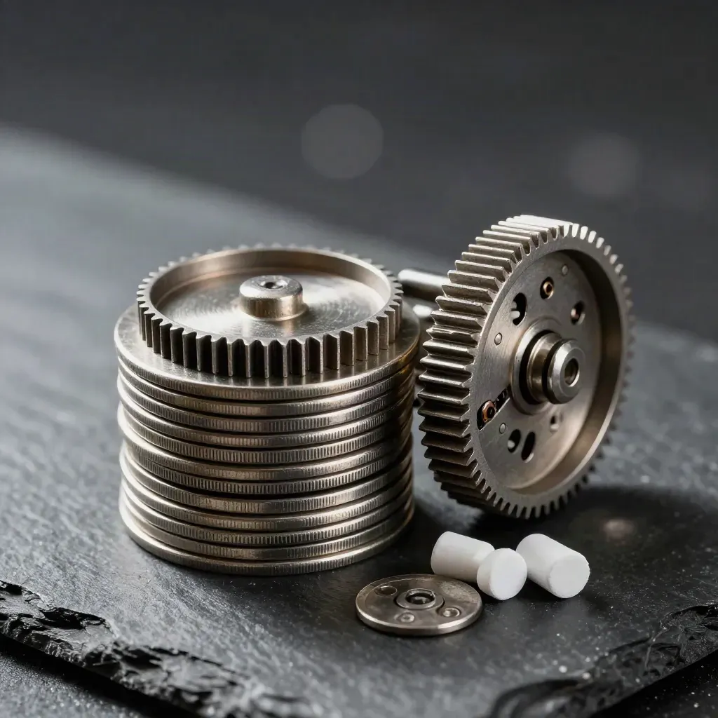 Jetons nickel et compteur mécanique sur plateau graphite, lumière rasante.