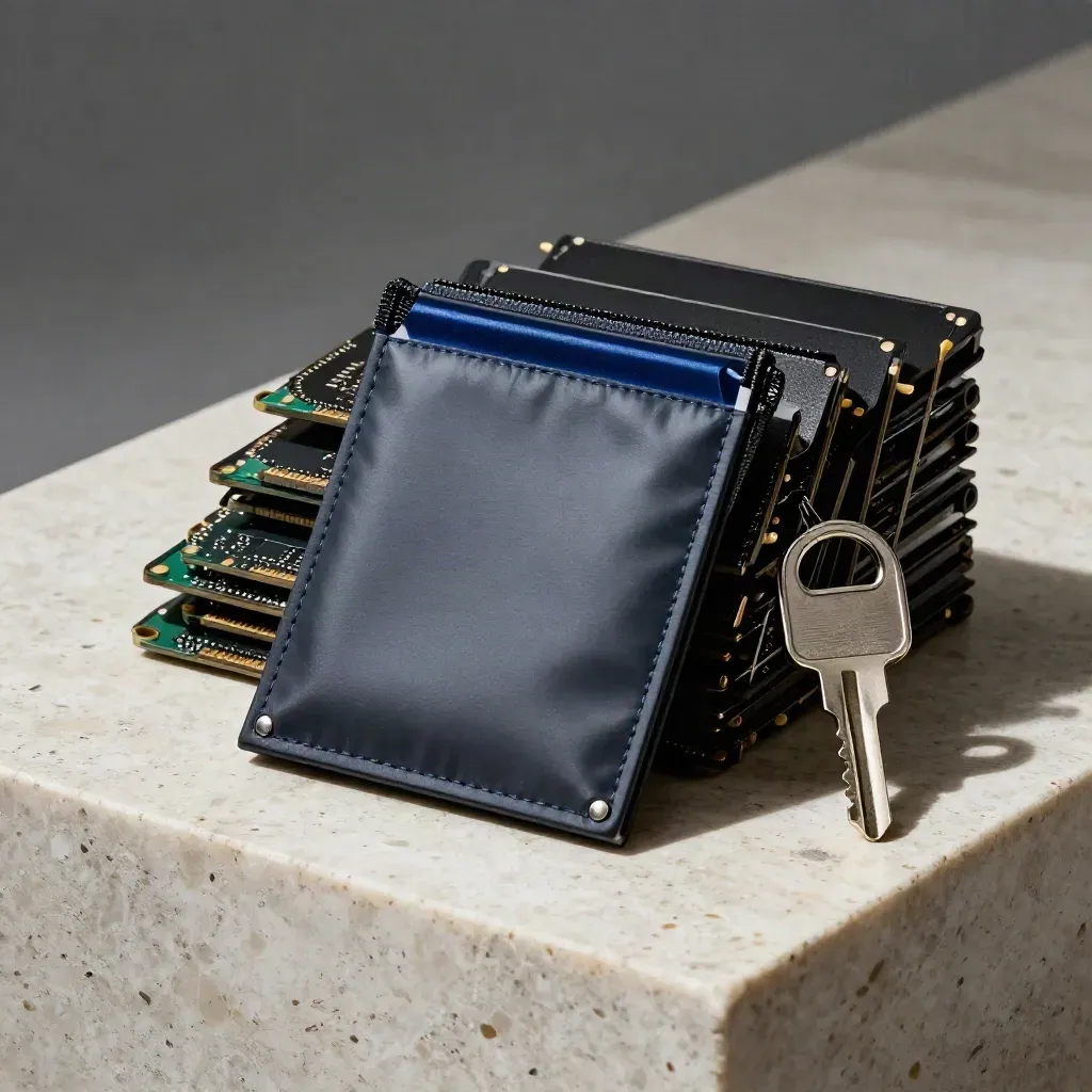 Modules SSD, clé de sécurité et pochette inviolable sur pierre claire.