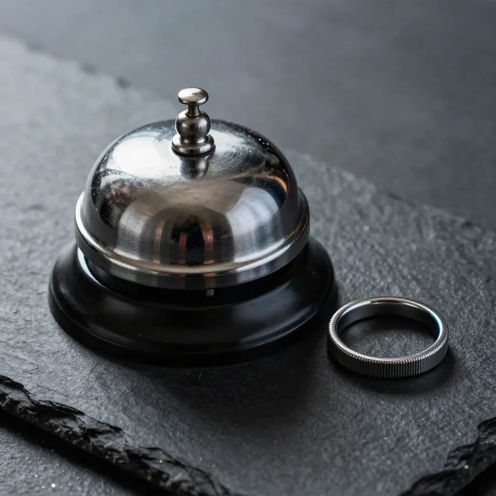 Minuteur mécanique, cloche en acier et anneau anodisé sur ardoise sombre.