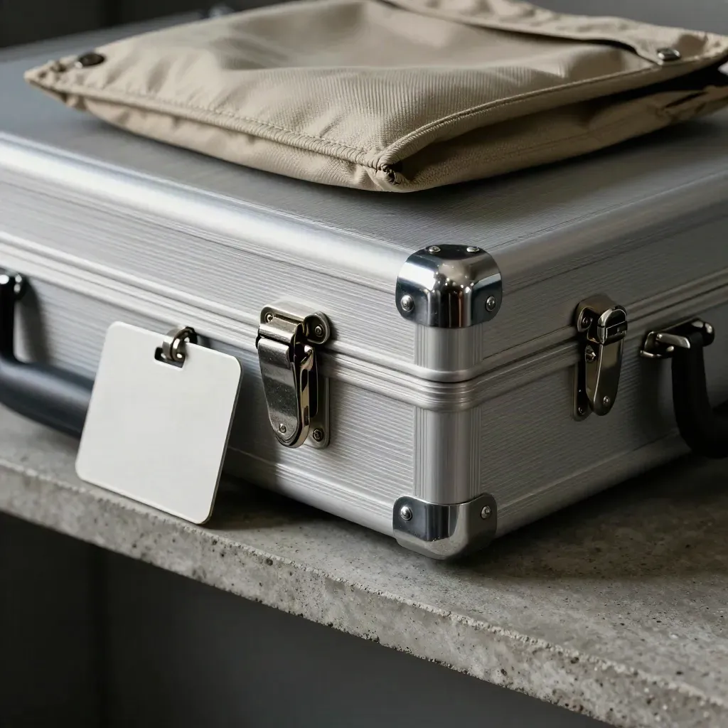 Clasp de mallette en aluminium brossé, pochette courrier scellée et étiquette métal sur béton gris.