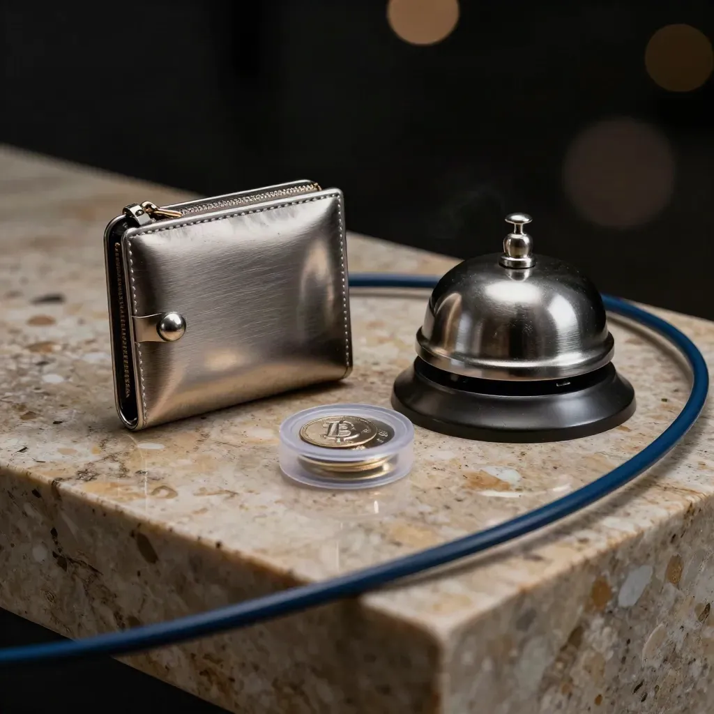 Portefeuille matériel crypto, capsule de pièce et cloche d’état sur pierre chaude.