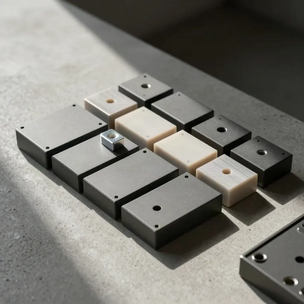 Grille de blocs modulaires en métal mat et entretoise polie sur béton gris.
