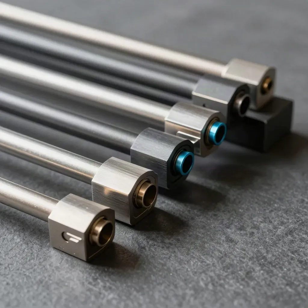 Gros plan de rails modulaires et de connecteurs métalliques sur pierre sombre, lumière douce.