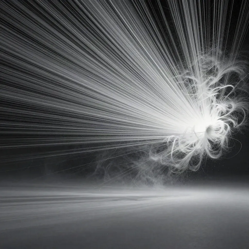 Filaments argentés dans un espace graphite, avec une lueur blanche décalée à droite.
