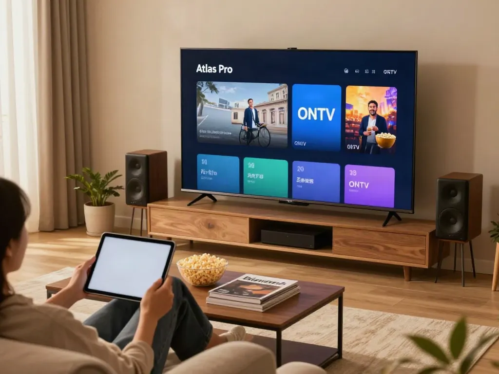 Intérieur chaleureux avec l'application atlas pro ontv sur écran TV et une personne se détendant sur le canapé.